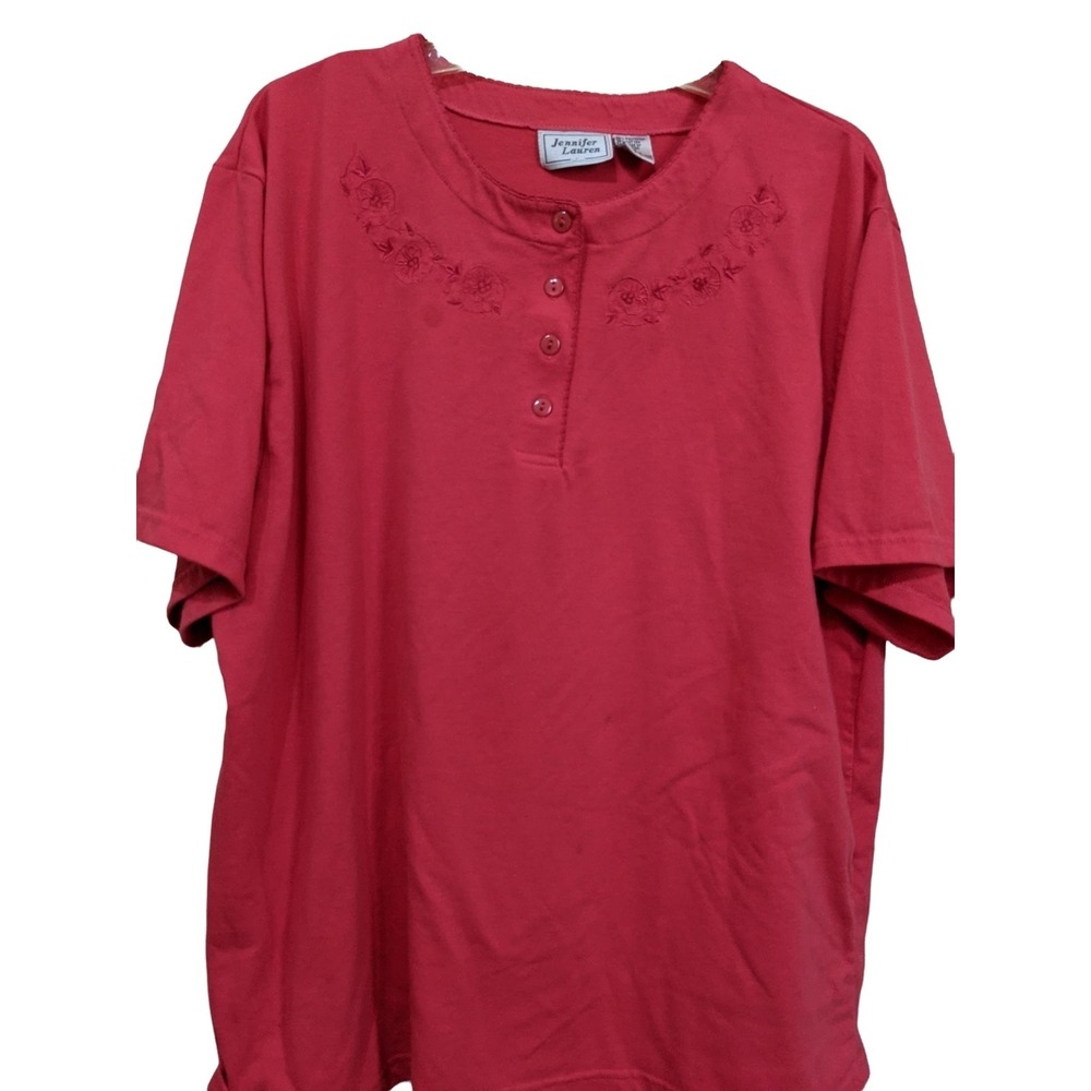 Jennifer Lauren Plus Womens Raspberry Pink Floral Embroidered Henley Shirt‎ 1X
